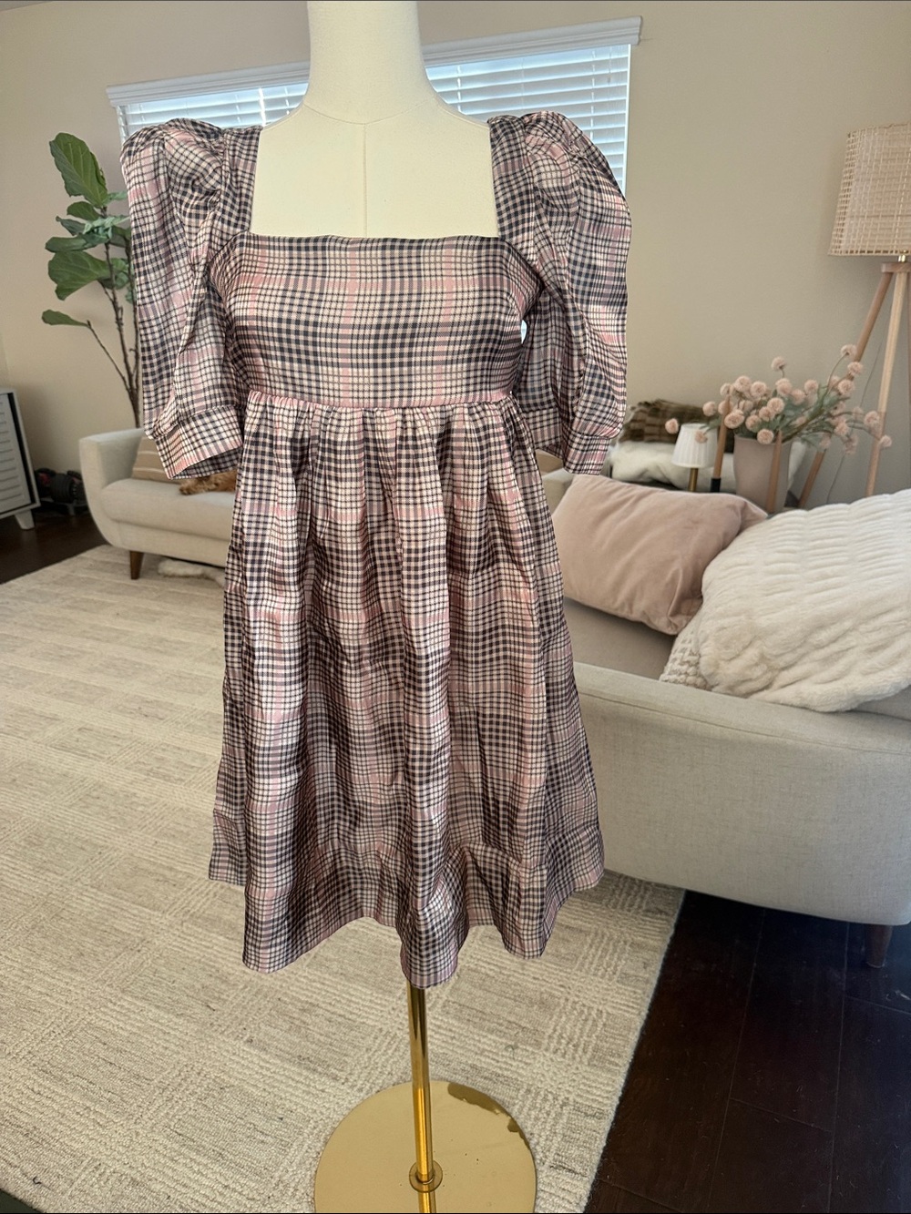 En Saison Pink Plaid Square-Neck Puff Sleeve Mini Dress